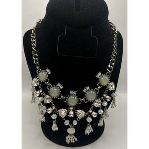 Statement Necklace Bib Statement Rhinestones Silver Tone White Green Clear Beads